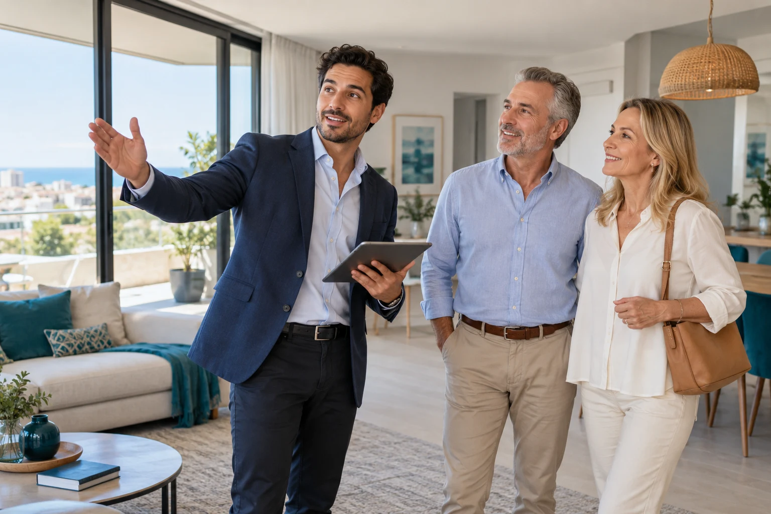 Agente inmobiliario mostrando una vivienda a una pareja